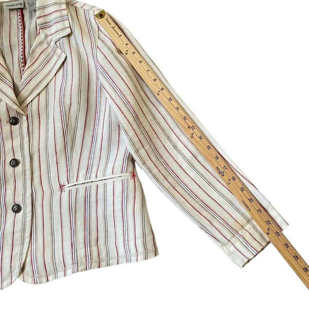 Chicos 100% Linen Blazer Size M Striped Cream Long Sleeve Relaxed Coastal Scandi - Picture 6 of 9
